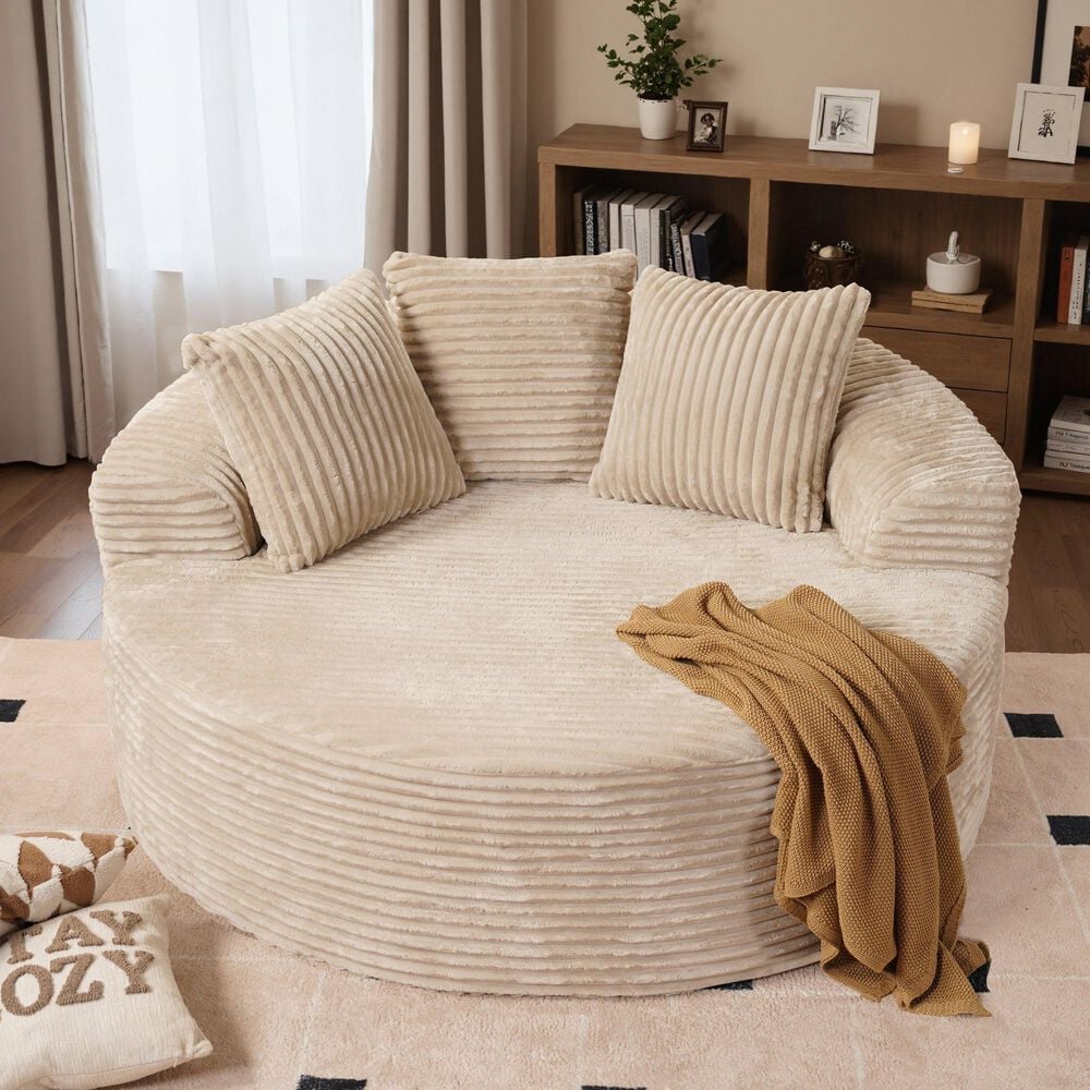 HOMLUX 59" Plush Corduroy Round Chair in Beige, , large