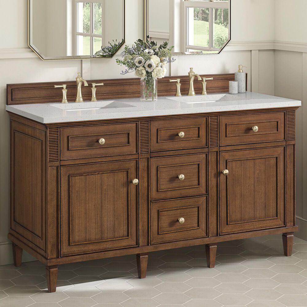 James Martin Vanities Lorelai 60&quot; Double Vanity in Mid-Century Walnut with 3 cm Lime Delight Quartz Top, , large