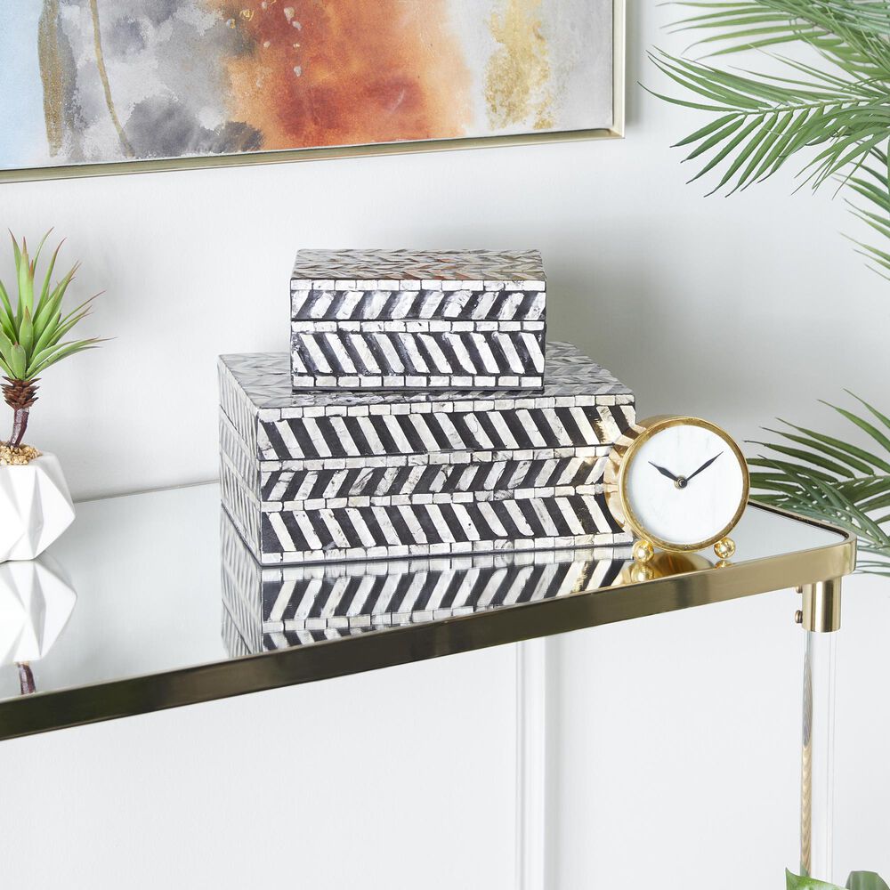 Maple and Jade 2-Piece Handmade Chevron Pattern Decorative Box Set in Polished Gray and Black, , large