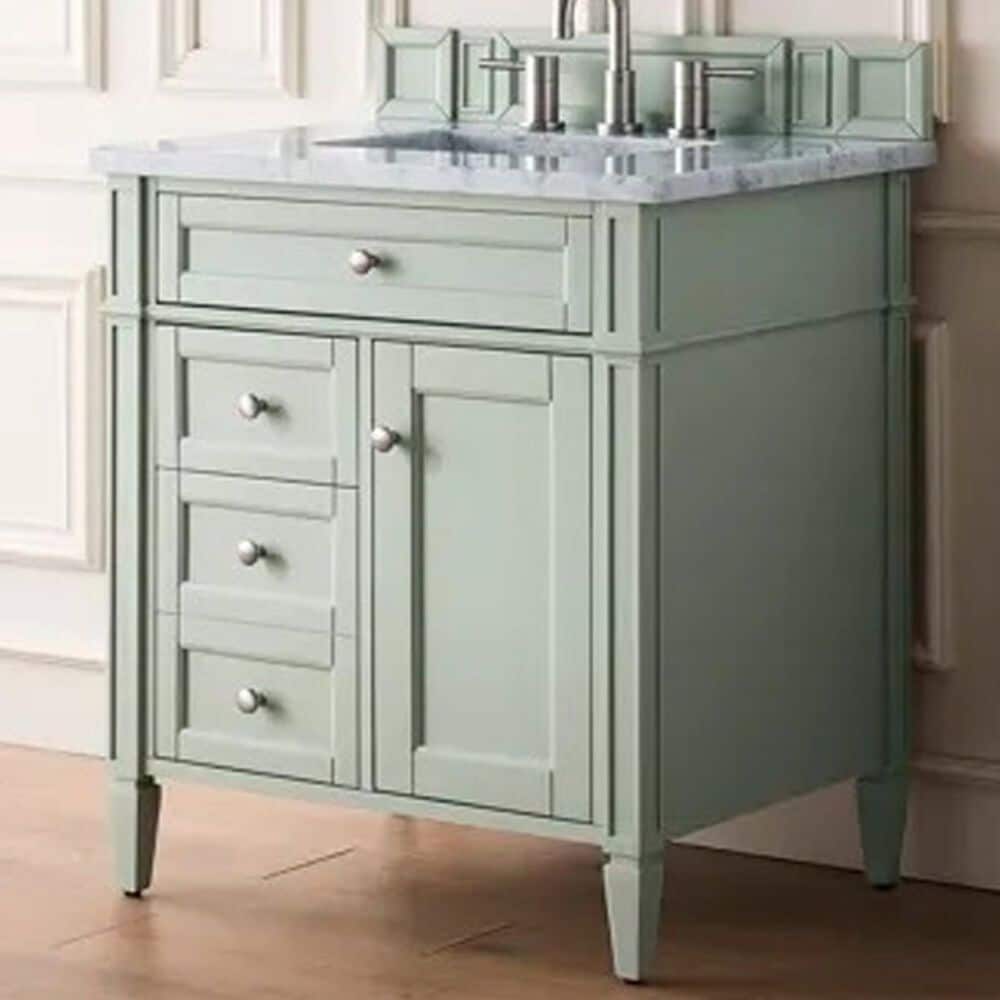 James Martin Vanities Brittany 30" Single Bathroom Vanity in Sage Green with 3 cm Carrara White Marble Top and Rectangle Sink, , large