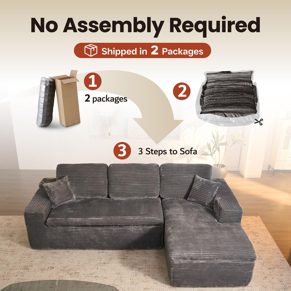 HOMLUX 2-Piece Stationary Right-Facing Chaise with Loveseat and Corduroy Fabric Upholstery in Grey, , large