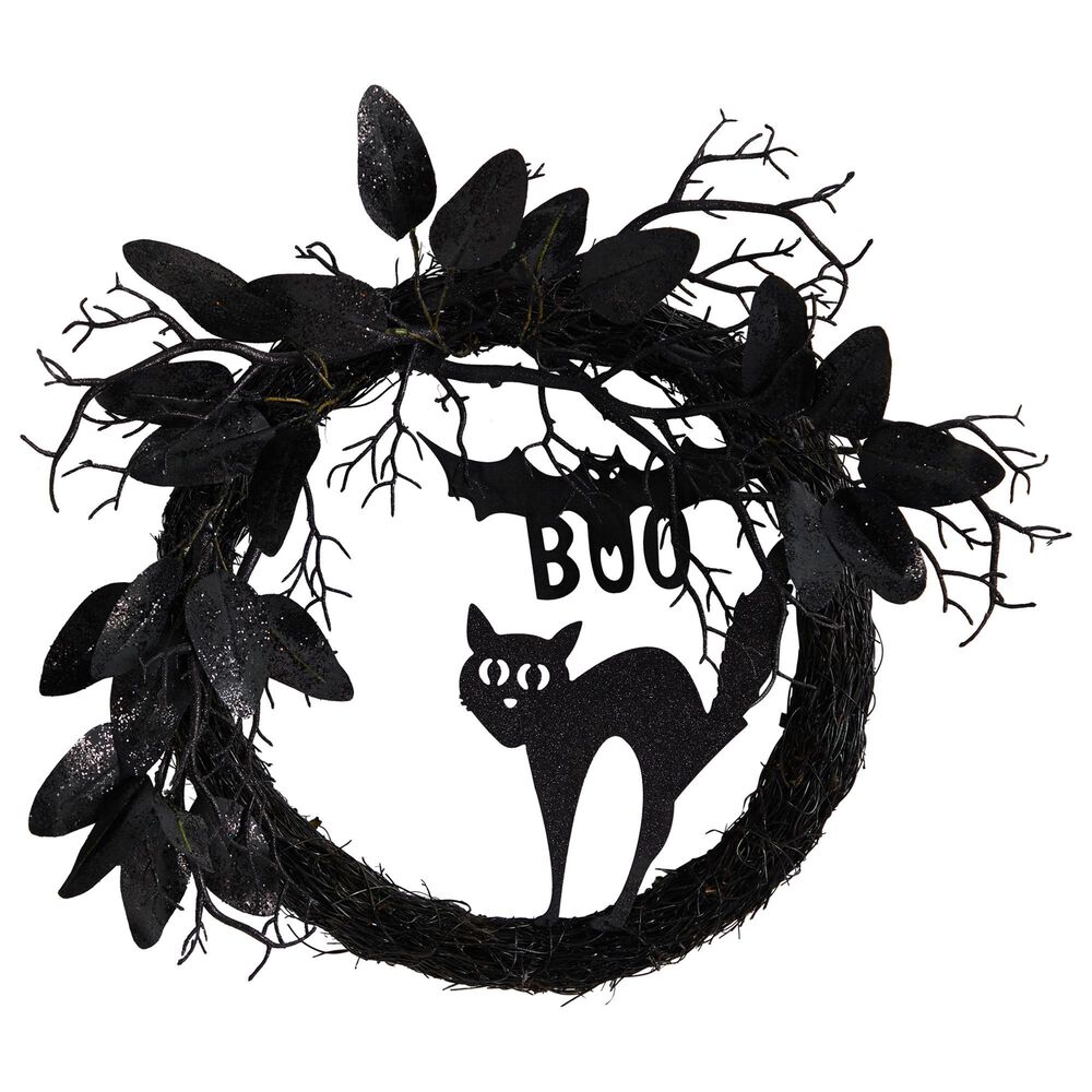 Nearly Natural Inc 22in. Halloween Black Cat and Bat Boo Twig Wreath, , large