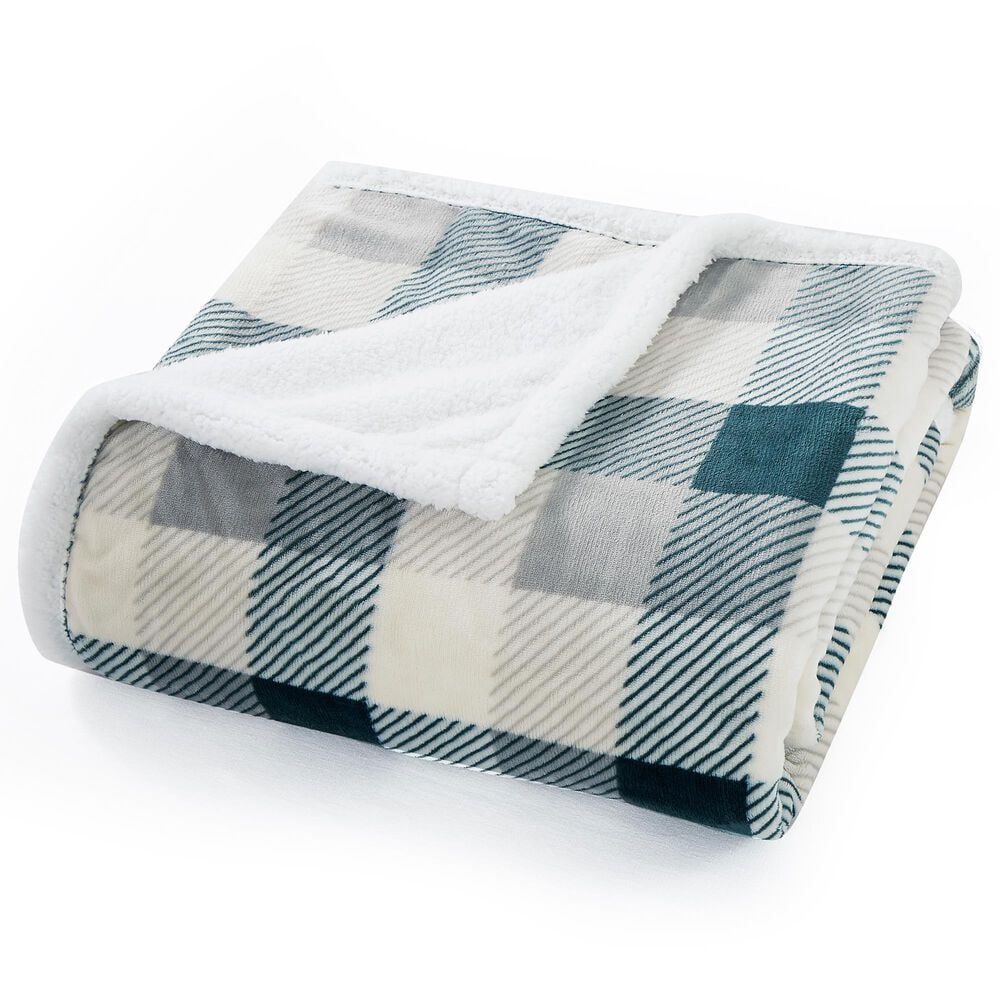 Duke Imports Flannel Sherpa Plaid Throw in Green and Grey, , large