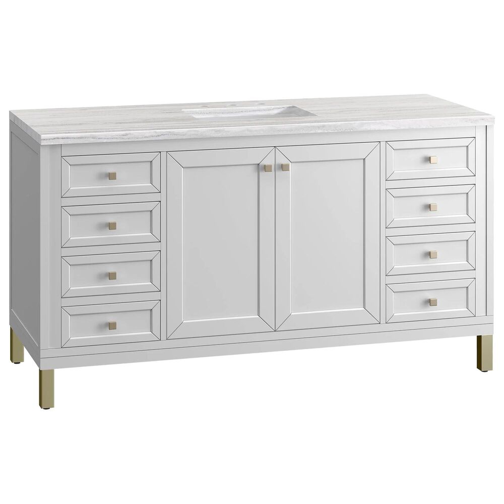 James Martin Vanities Chicago 60" Single Bathroom Vanity in Glossy White with 3 cm Arctic Fall Solid Surface Top and Rectangular Sink, , large