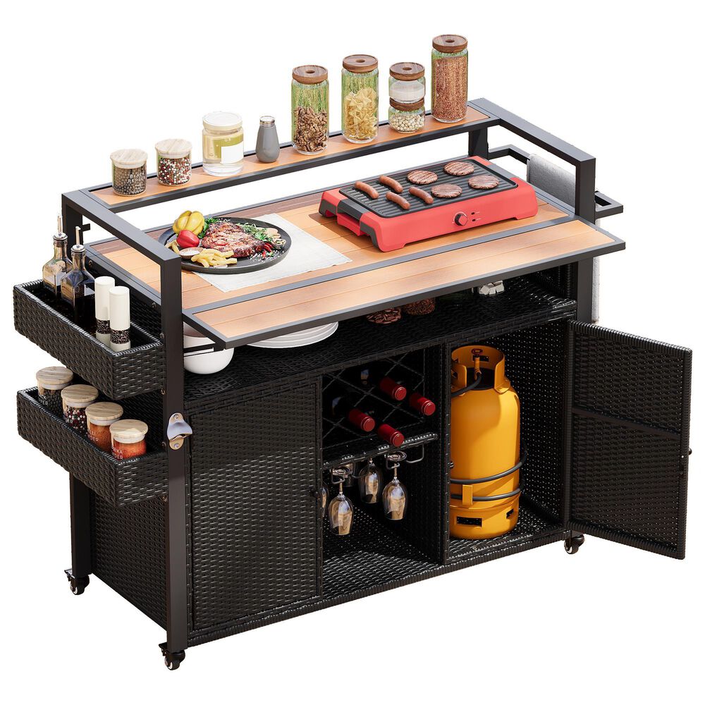 HOMLUX 53" Wicker Outdoor Kitchen Island in Black Brown, , large