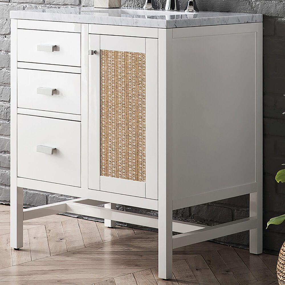 James Martin Addison 30&quot; Single Bathroom Vanity in Glossy White with 3 cm Arctic Fall Solid Surface Top and Rectangular Sink, , large
