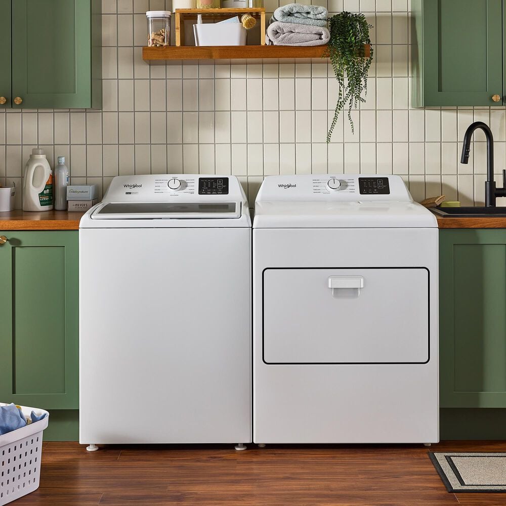 WHIRLPOOL 4.3 Cu. Ft. Top Load Agitator Washer and 7.0 Cu. Ft. Electric Front Load Dryer with Glass Lid Laundry Pair in White, , large