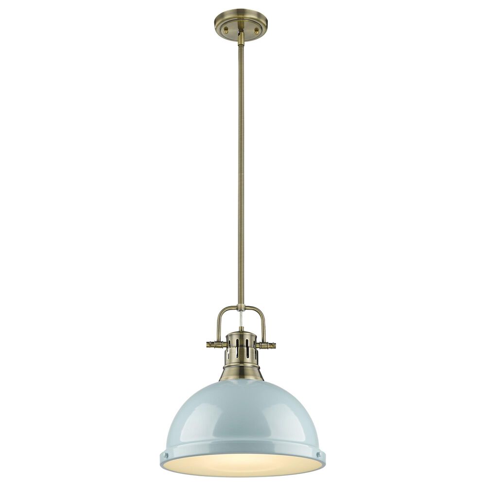 Golden Lighting Duncan 1-Light Pendant with Rod and Seafoam Shade in Aged Brass, , large