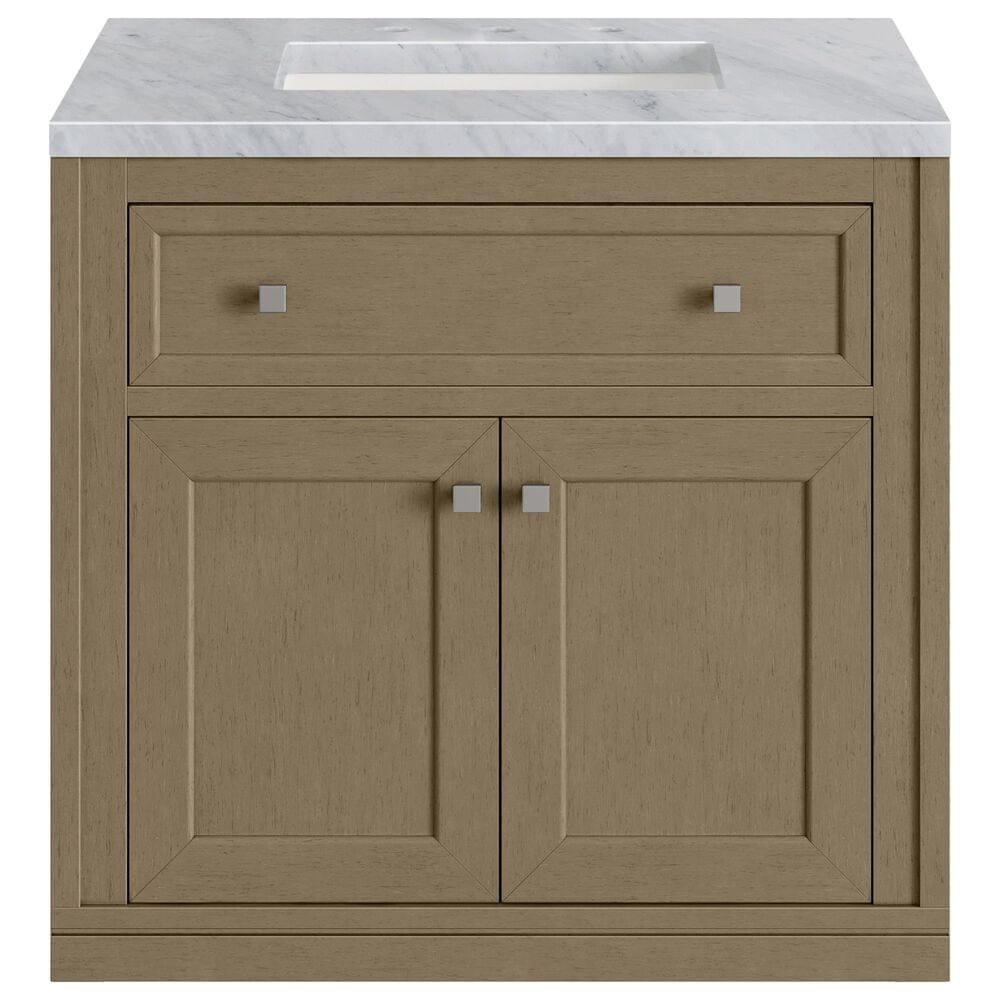 James Martin Vanities Chicago 30" Single Bathroom Vanity in Walnut Whisper with 3 cm Carrara White Marble Top and Rectangular Sink, , large