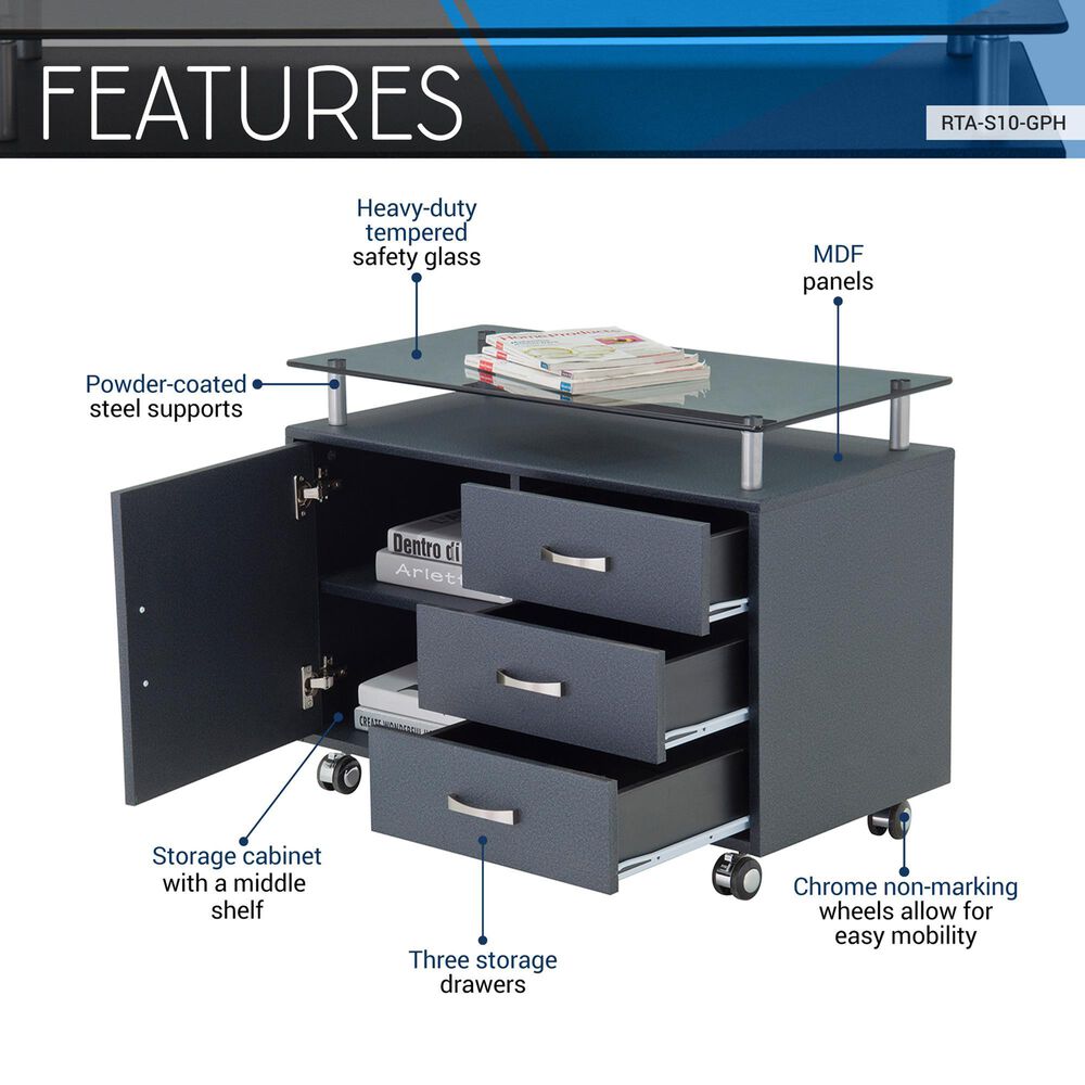 Rta Products Llc Rolling Storage Cabinet with Frosted Glass Top in Graphite, , large