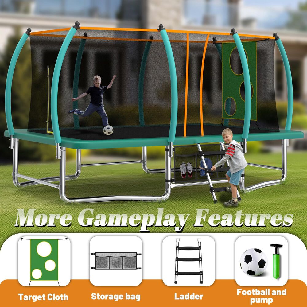 HOMLUX 8' x 14' Outdoor Trampoline with Football and Target Cloth in Green, , large
