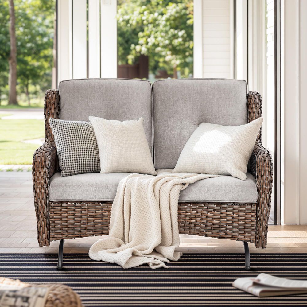 Sunwell Garden Outdoor Glider Loveseat with Brown Rattan in Beige, , large