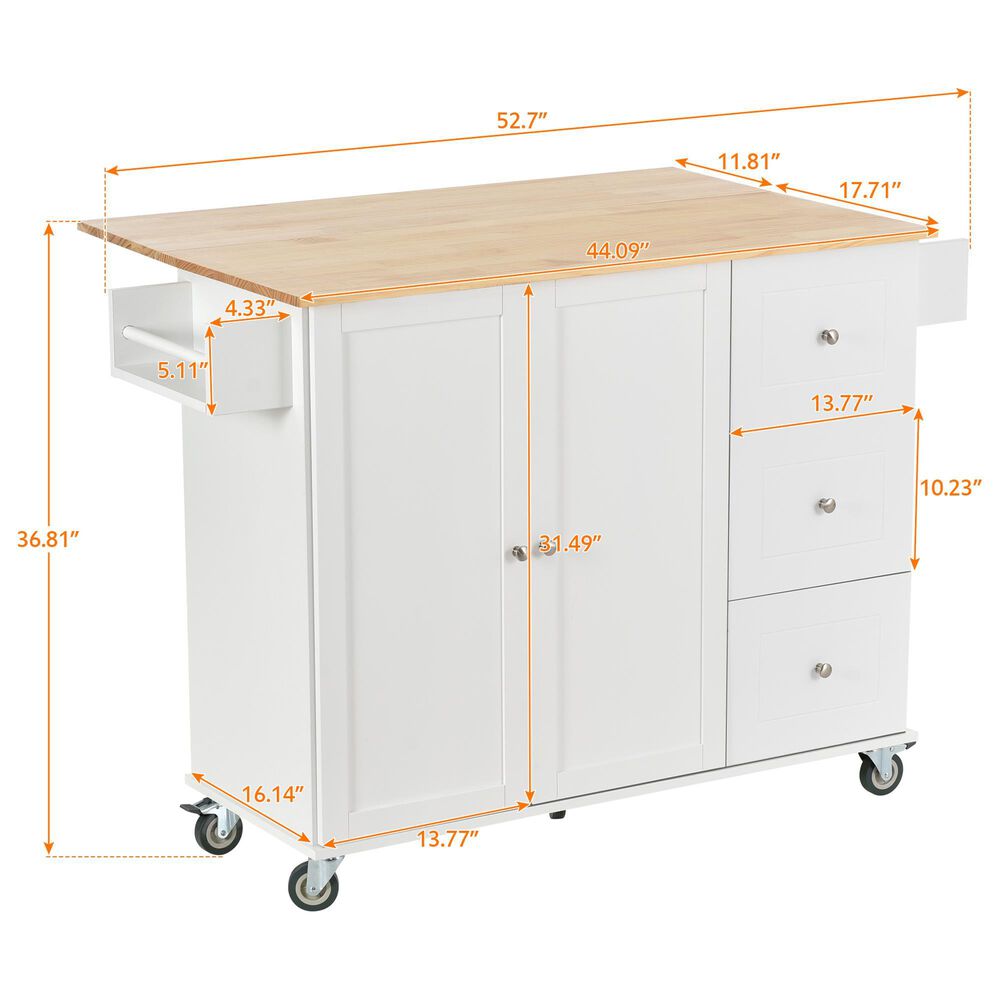 HOMLUX 53" Rolling Mobile Kitchen Island with Solid Wood Top and Locking Wheels in White, , large