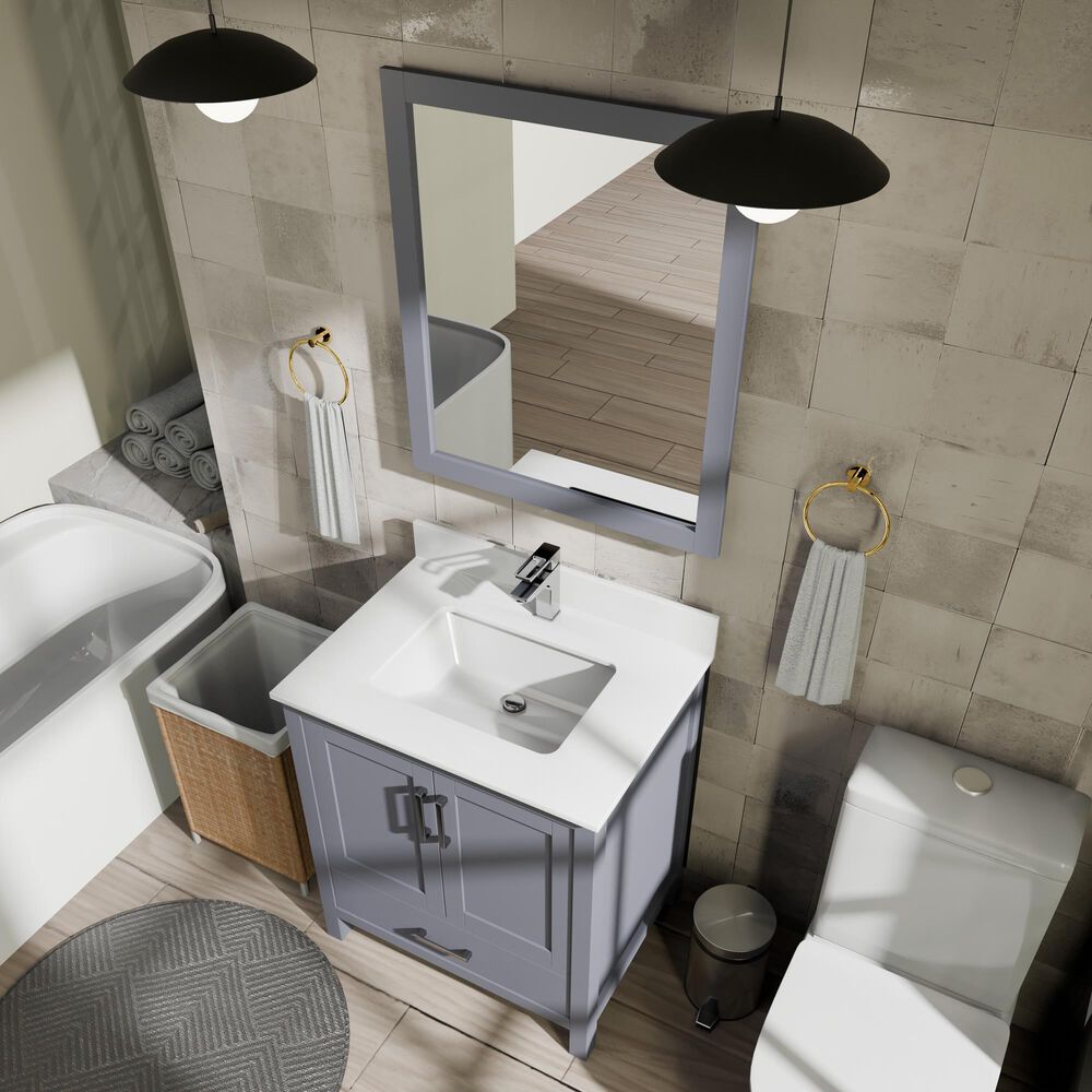 Lexora Home Jacques 30&quot; Single Bathroom Vanity in Dark Grey with 2 cm White Cultured Marble Top and Rectangular Sink, , large