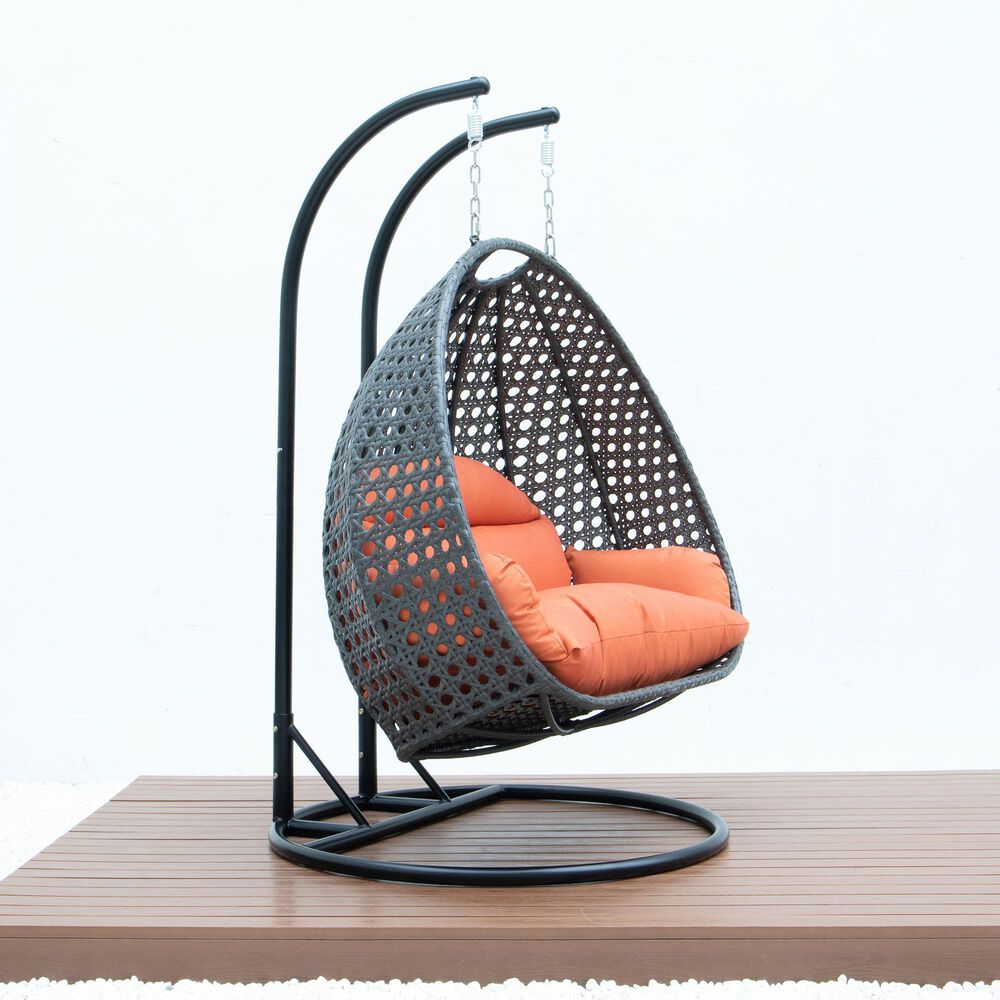 Leisuremod Patio 2-Seat Hanging Egg Swing Chair with Orange Cushion in Charcoal, , large