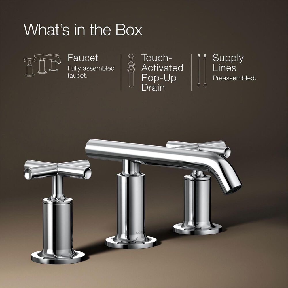 Kohler Purist Widespread Bathroom Sink Faucet with Cross Handles and Low Gooseneck Spout in Polished Chrome, , large