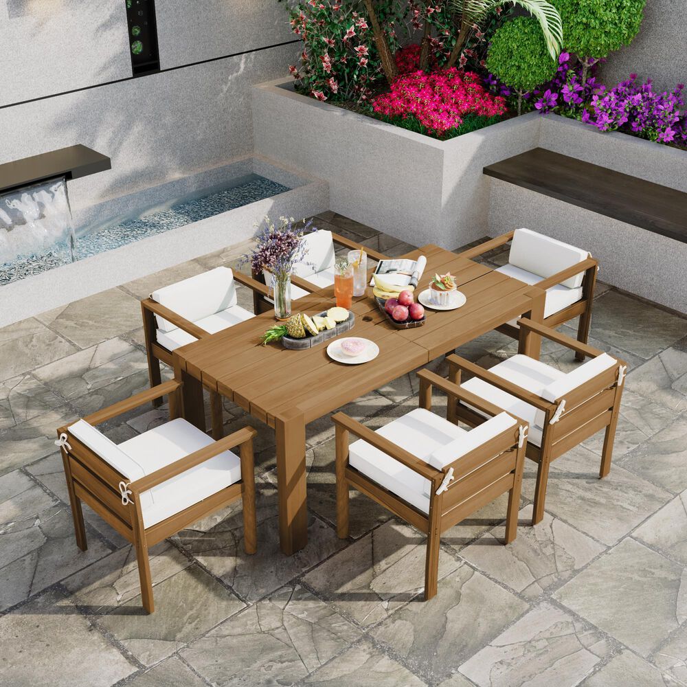 Hearth and Haven 7-Piece Outdoor Dining Set with Beige Cushions in Light Teak, , large