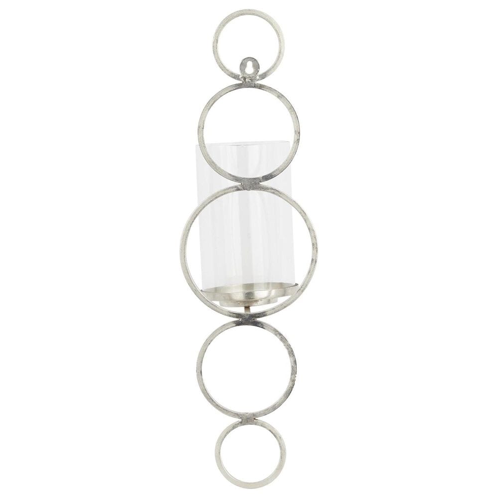 Maple and Jade 25&quot; Stacked Circle Single Indoor/Outdoor Wall Mount Candle Holder in Weathered Silver and Clear, , large