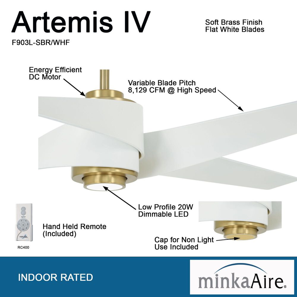 Minka-Aire Artemis IV 64" Ceiling Fan with LED Light and Matte Black Blades in Soft Brass, , large