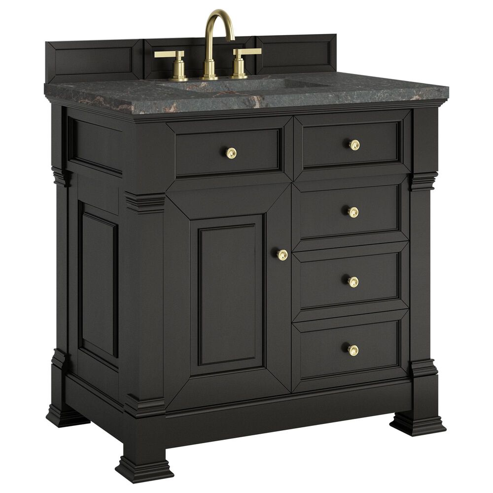 James Martin Vanities Brookfield 36" Single Bathroom Vanity in Black Onyx with 3 cm Parisien Bleu Quartz Top and Rectangular Sink, , large