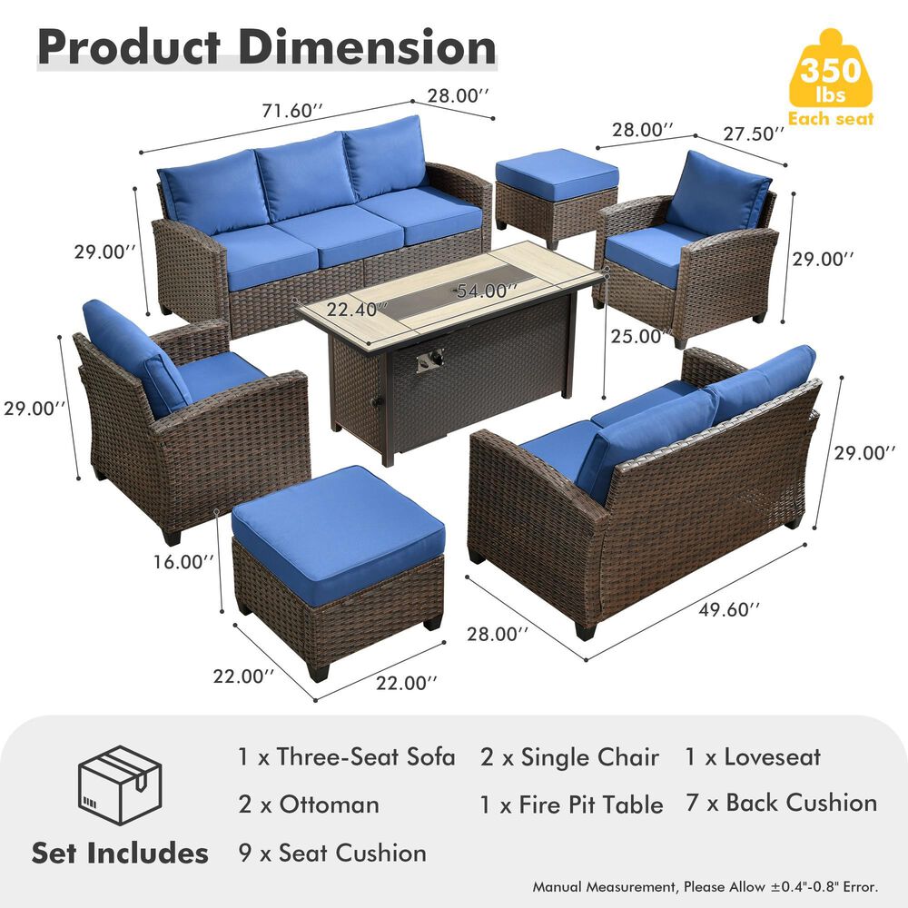 HOMLUX 7-Piece Patio Conversation Set with Fire Pit Table in Navy Blue, , large