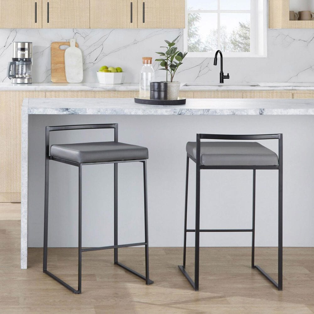 Lumisource Fuji Stackable Counter Stool with Grey Faux Leather Cushion in Black &#40;Set of 2&#41;, , large