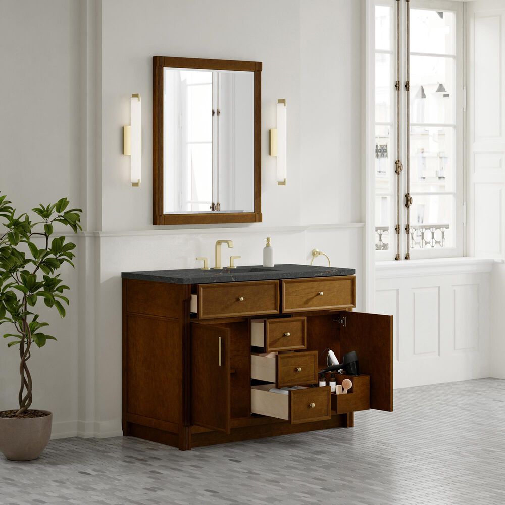 James Martin Bellshire 48" Single Bathroom Vanity in Honey Oak with 3 cm Parisien Bleu Silestone Top, Rectangular Sink and FreePower Wireless Charger, , large