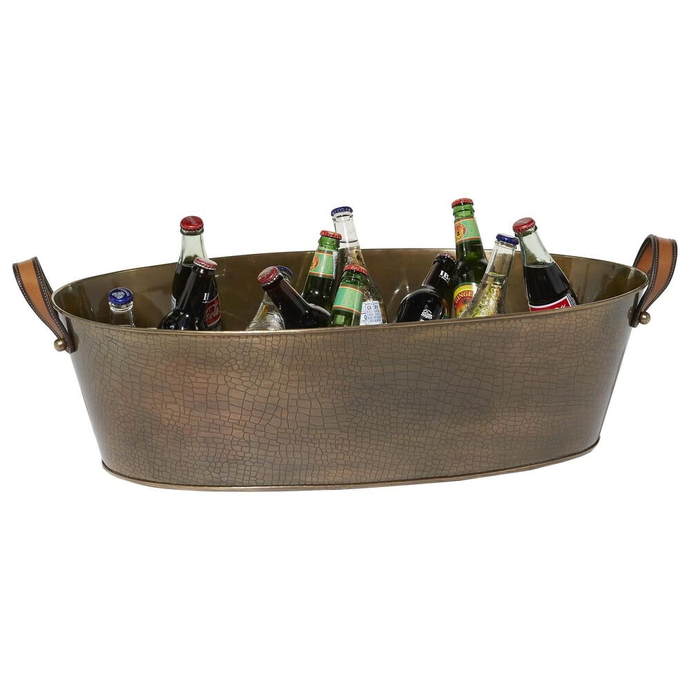 Maple and Jade Long Decorative Ice Bucket with Brown and Dark Brown Leather Strap Handles in Polished Bronze, , large