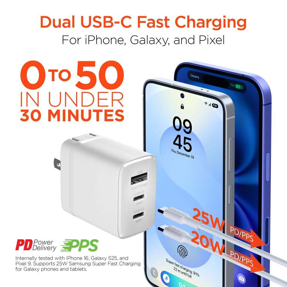 Hypercel 45W PD Wall Charger + 6ft USB-C to USB-C Cable in White, , large