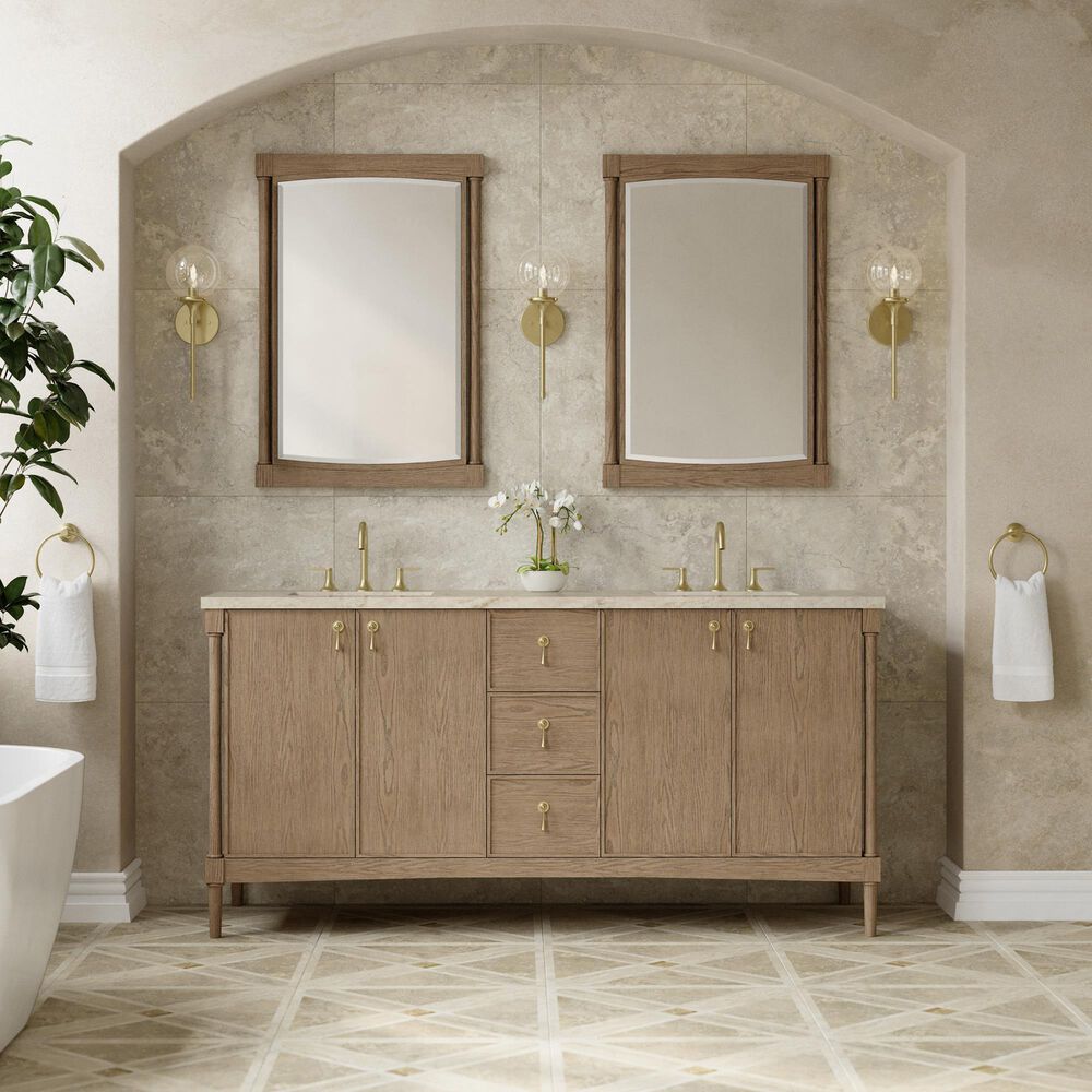 James Martin Kinnsden 72" Double Bathroom Vanity in Weathered Oak with 3 cm Tajnar Eclos Top and Rectangular Sinks, , large