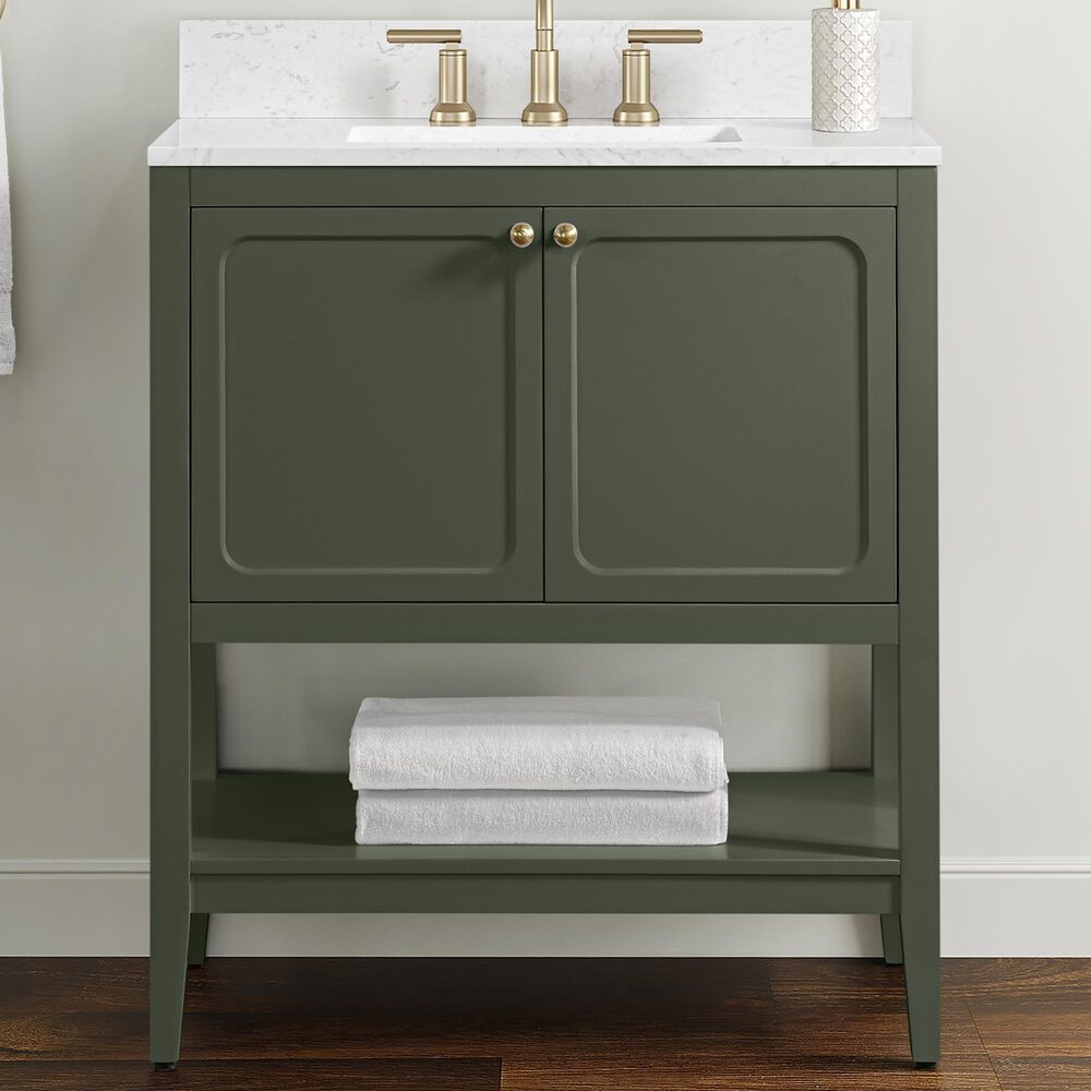 37B Ravello 30" Single Bathroom Vanity Cabinet in Deep Olive Green with Marble Top and Backsplash, , large
