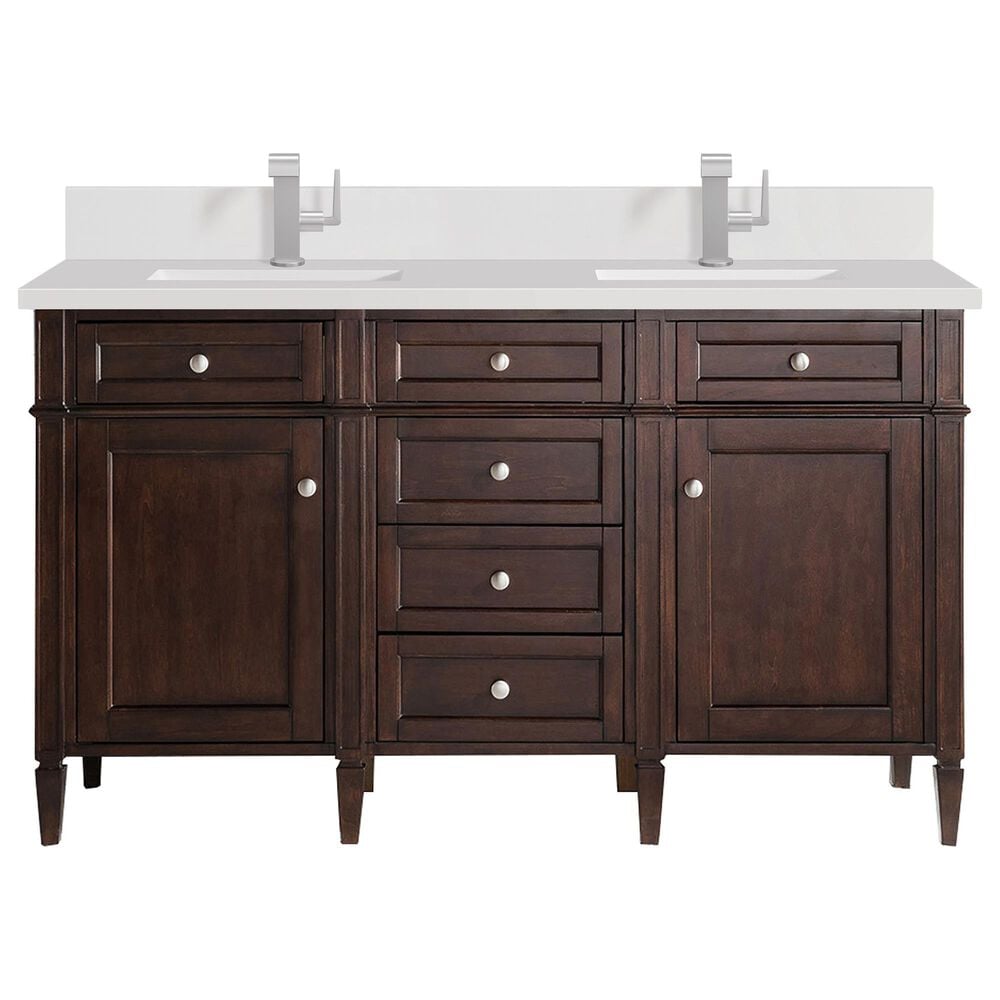 James Martin Vanities Brittany 60" Double Bathroom Vanity in Burnished Mahogany with 3 cm White Zeus Quartz Top and Rectangular Sinks, , large