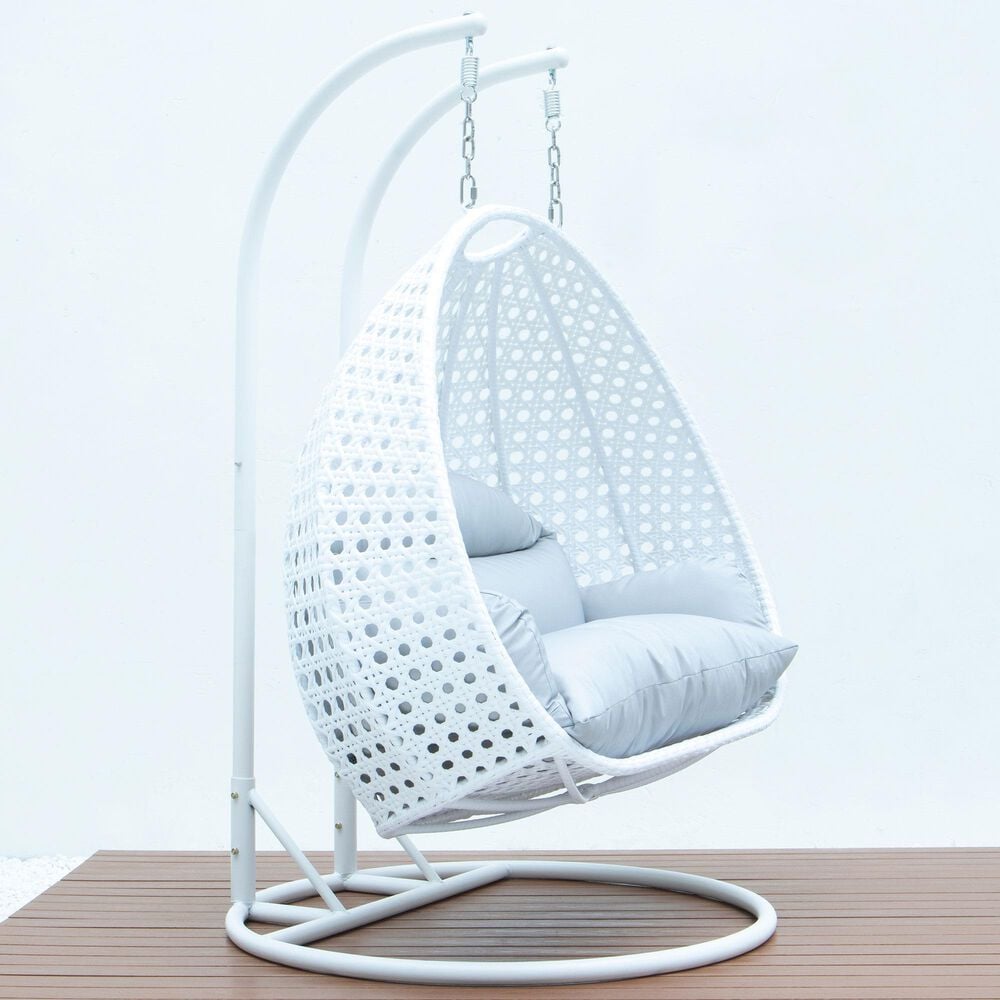 Leisuremod 2-Seat Hanging Egg Swing Chair with Light Grey Cushion in White, , large