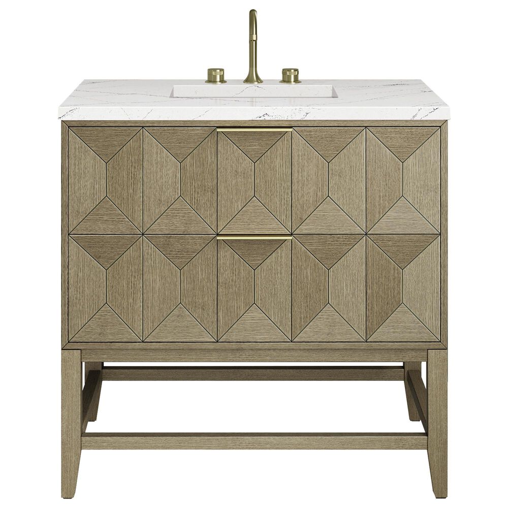 James Martin Vanities Emmeline 36" Single Bathroom Vanity in Pebble Oak with 3 cm Ethereal Noctis Quartz Top and Rectangular Sink, , large