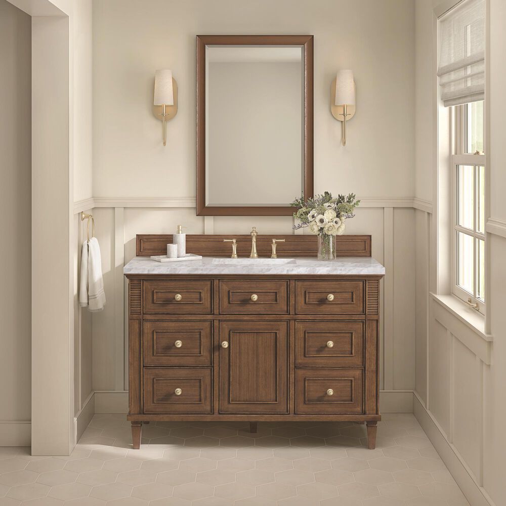 James Martin Vanities Lorelai 48&quot; Single Vanity in Mid-Century Walnut with 3 cm Carrara White Marble Top, , large