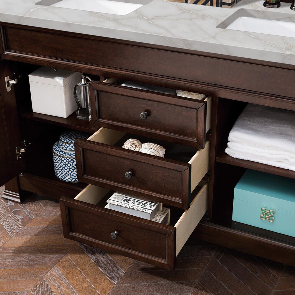 James Martin Vanities Brookfield 60&quot; Double Bathroom Vanity in Burnished Mahogany with 3 cm Lime Delight Quartz Top and Rectangular Sinks, , large