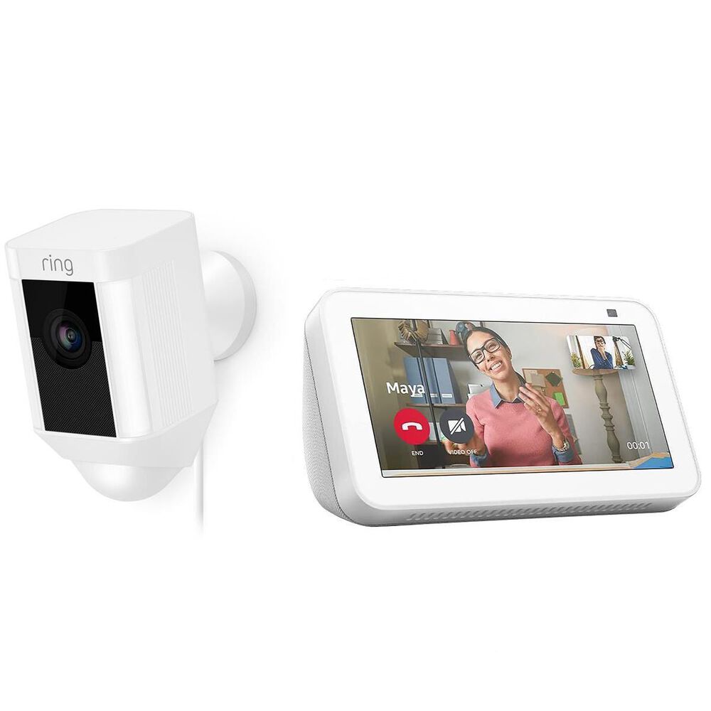 Ring Spotlight Cam Wired in White + Amazon Echo Show 5 Smart Display with Alexa in Glacier White, , large