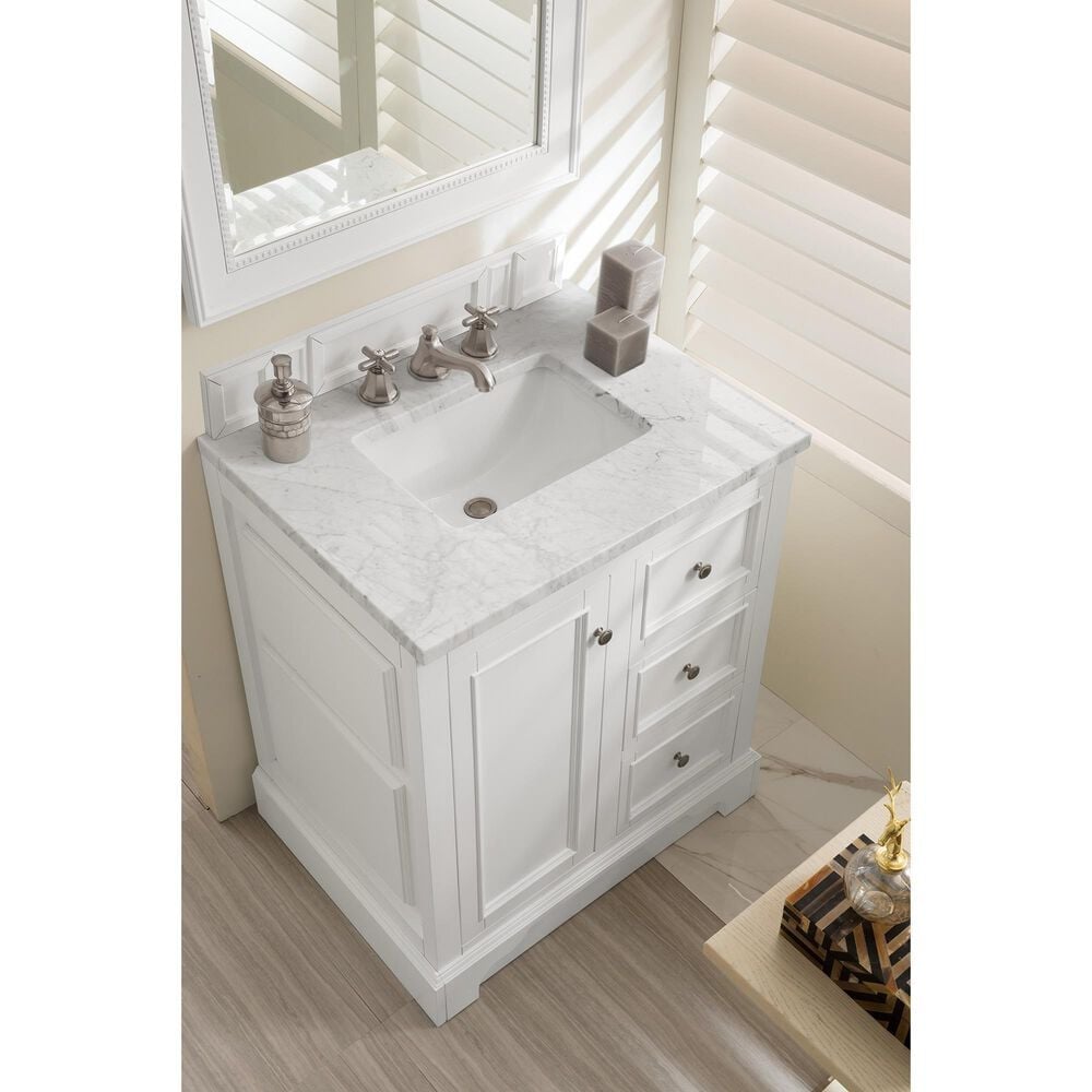James Martin Vanities De Soto 30&quot; Single Bathroom Vanity in Bright White with 3 cm Carrara White Marble Top and Rectangular Sink, , large