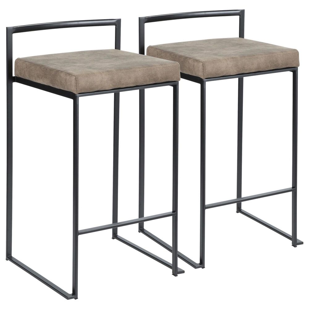 LumiSource Fuji 26" Stacker Counter Stool with Brown Cowboy Upholstery in Black (Set of 2), , large