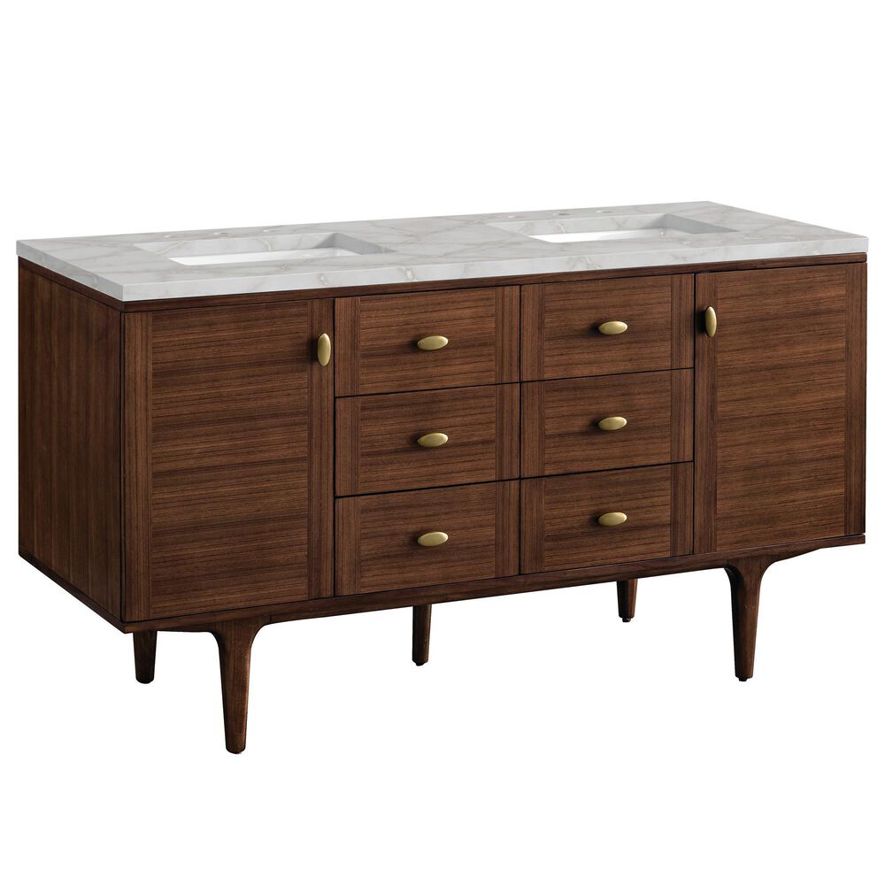 James Martin Vanities Amberly 60" Double Bathroom Vanity in Mid-Century Walnut with 3 cm Victorian Silver Quartz Top and Rectangular Sinks, , large