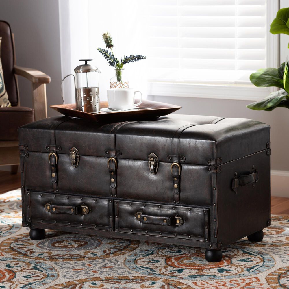Baxton Studio Callum 2-Drawer Storage Trunk Ottoman Set in Distressed Dark Brown, , large
