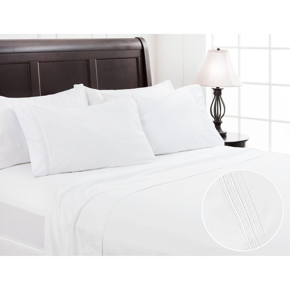4-Piece Queen Solid Embroidered Sheet Set in White, , large
