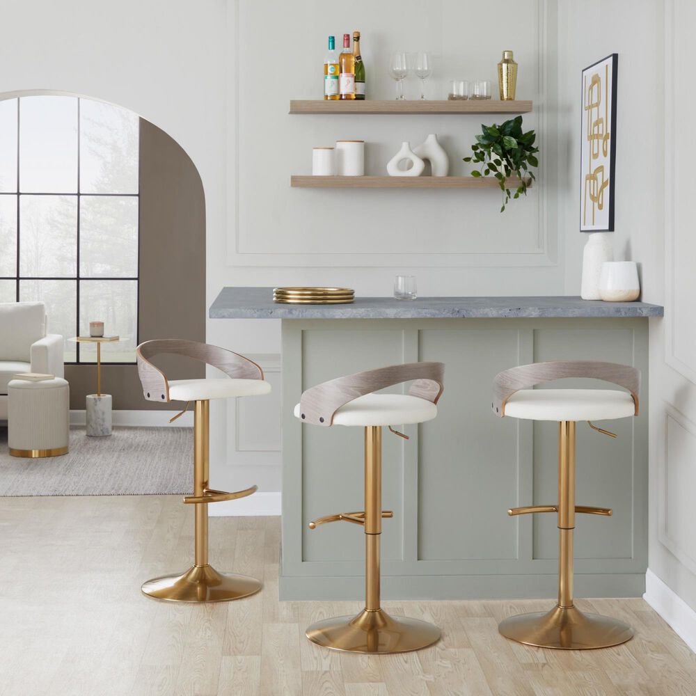 LumiSource Grotto Swivel Barstool with White Faux Leather Upholstery in Gold and Light Grey (Set of 2), , large