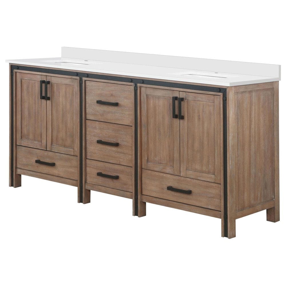 Lexora Home Ziva 72" Double Bathroom Vanity in Rustic Barnwood with 2 cm White Quartz Top and Rectangular Sinks, , large