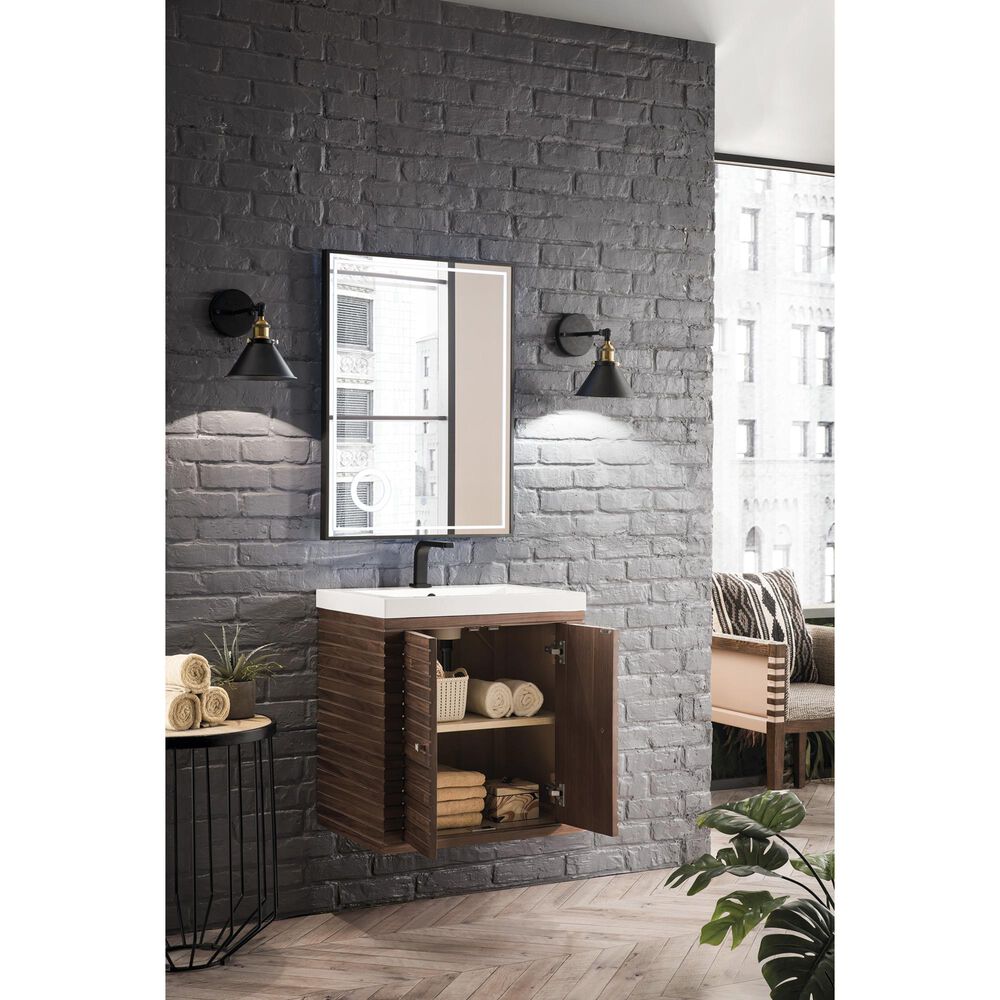 James Martin Vanities Linden 24&quot; Single Bathroom Vanity in Mid Century Walnut with 5 cm White Glossy Resin Top and Rectangular Sink, , large