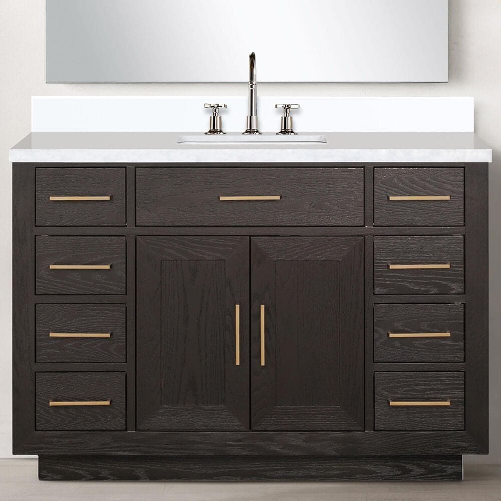 Lexora Home Abbey 48&quot; Single Bathroom Vanity in Brown Oak with 2 cm White Cultured Marble Top and Rectangular Sink, , large