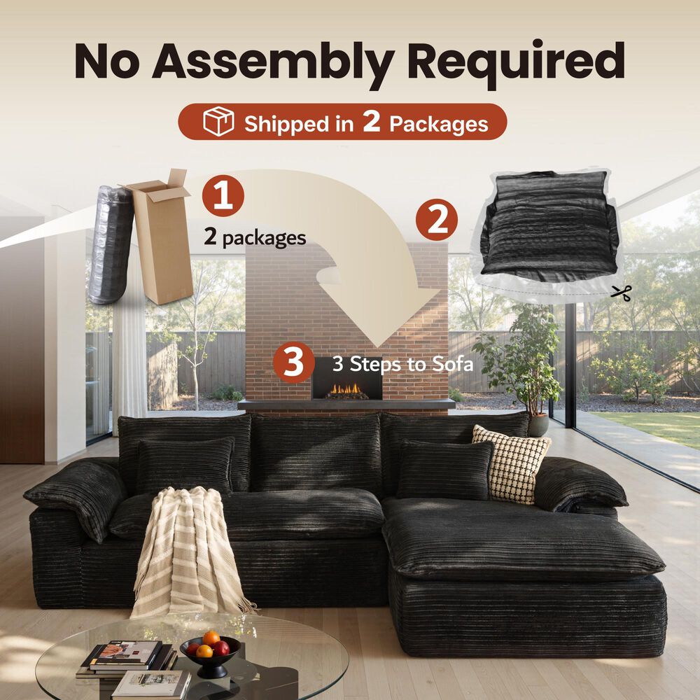 HOMLUX 112" Modern Sectional Sofa with Curved Armrests in Black, , large