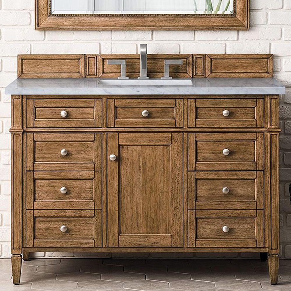 James Martin Vanities Brittany 48&quot; Single Bathroom Vanity in Saddle Brown with 3 cm Eternal Jasmine Pearl Quartz Top and Rectangular Sink, , large