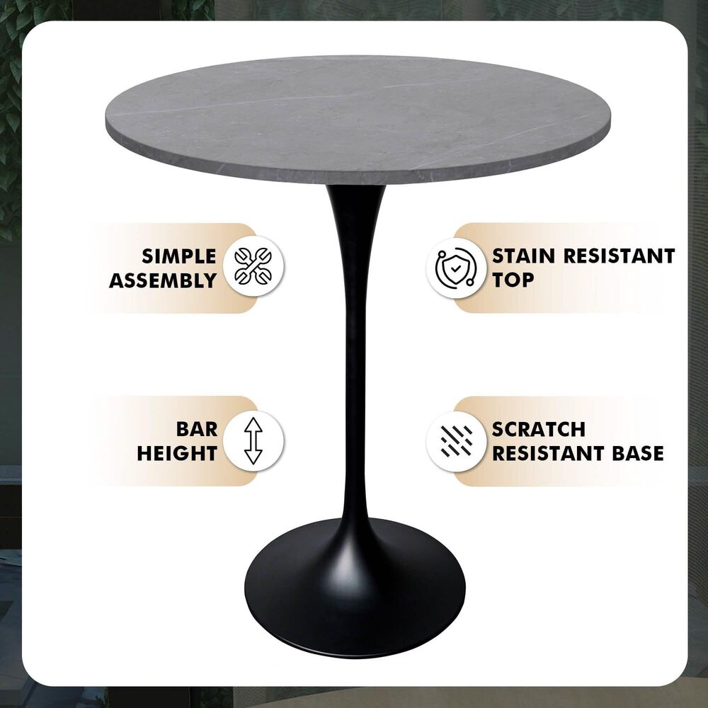 Leisuremod LeisureMod Verve Collection Modern Bar Height Table Black Base with 27 Round Marble Grey Sintered Stone Top, , large