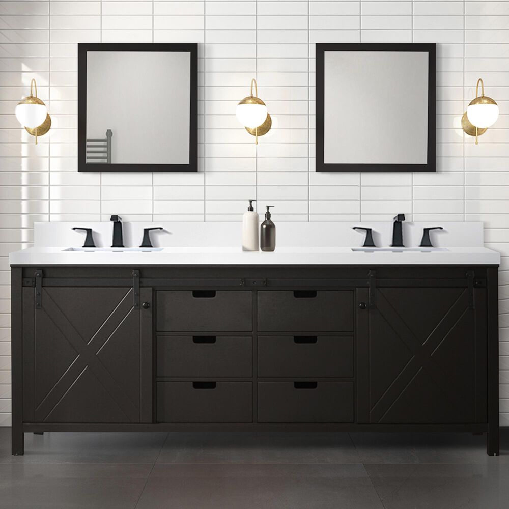 Lexora Home Marsyas 84&quot; Double Bathroom Vanity in Brown with 2 cm White Cultured Marble Top and Rectangular Sinks, , large